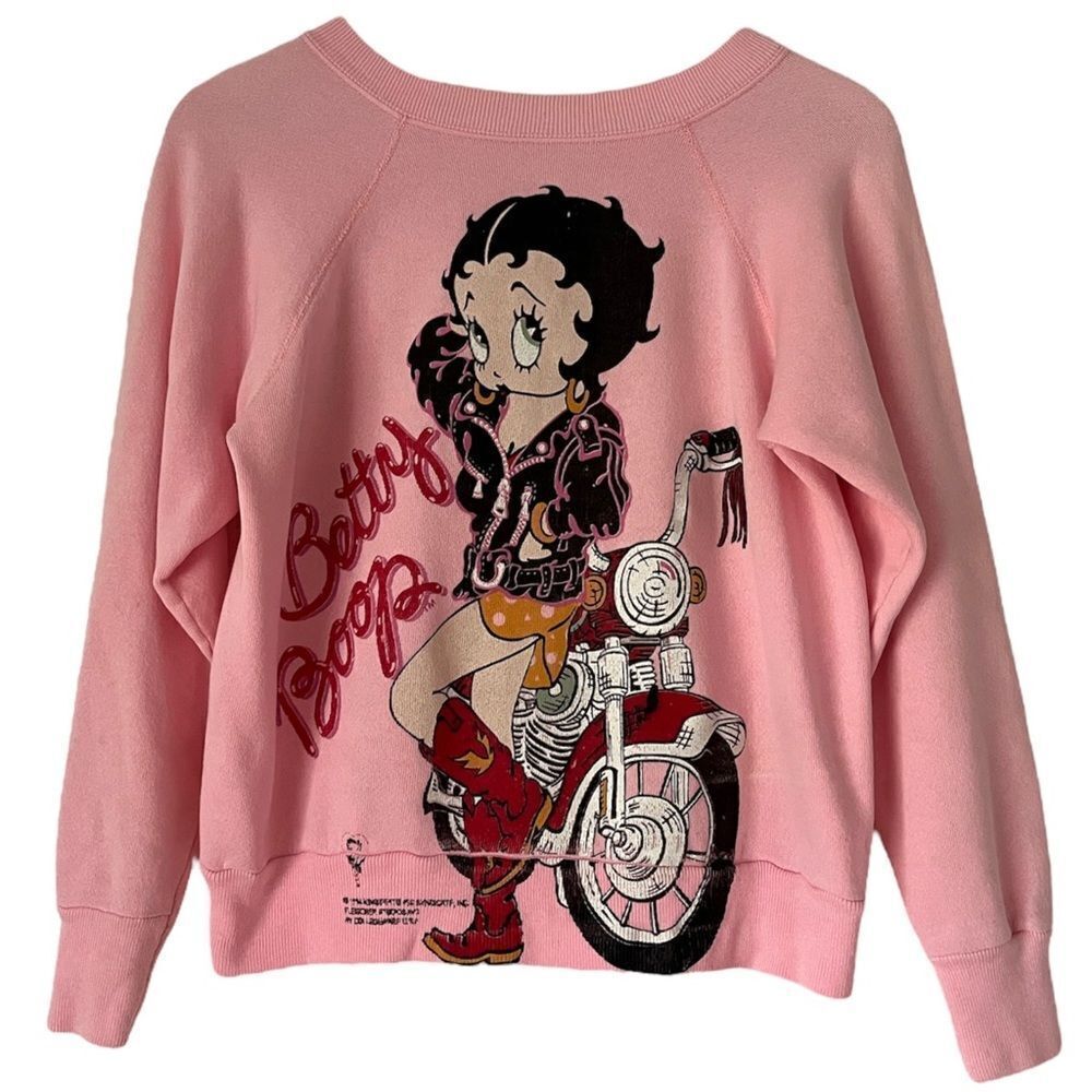RARE Betty Boop Sweatshirt 1990s Vintage Biker Chick Red Cowboy Boots Pink Small